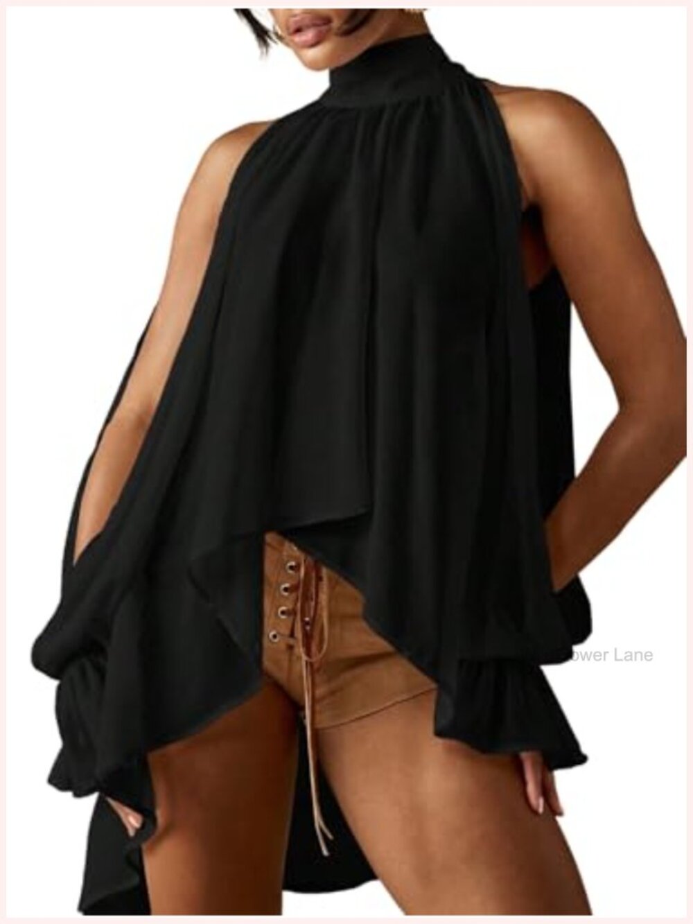 Verdusa Women's Chiffon Halter Blouse Asymmetrical Sheer Bishop Sleeve Top